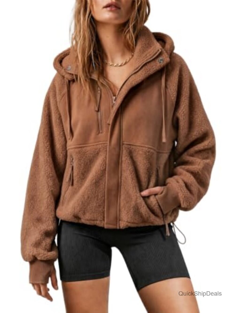 Women's Sherpa Fleece Zip Up Hooded Jacket Oversized Casual Coat Fall Winter